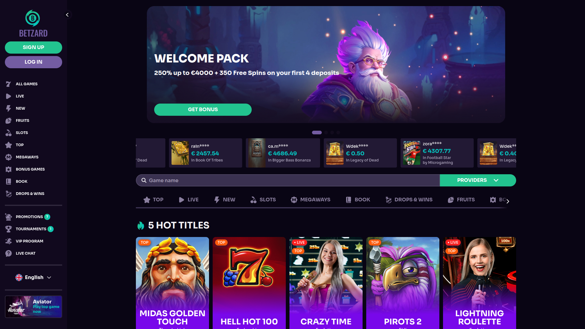 Betzard Casino Desktop Homepage