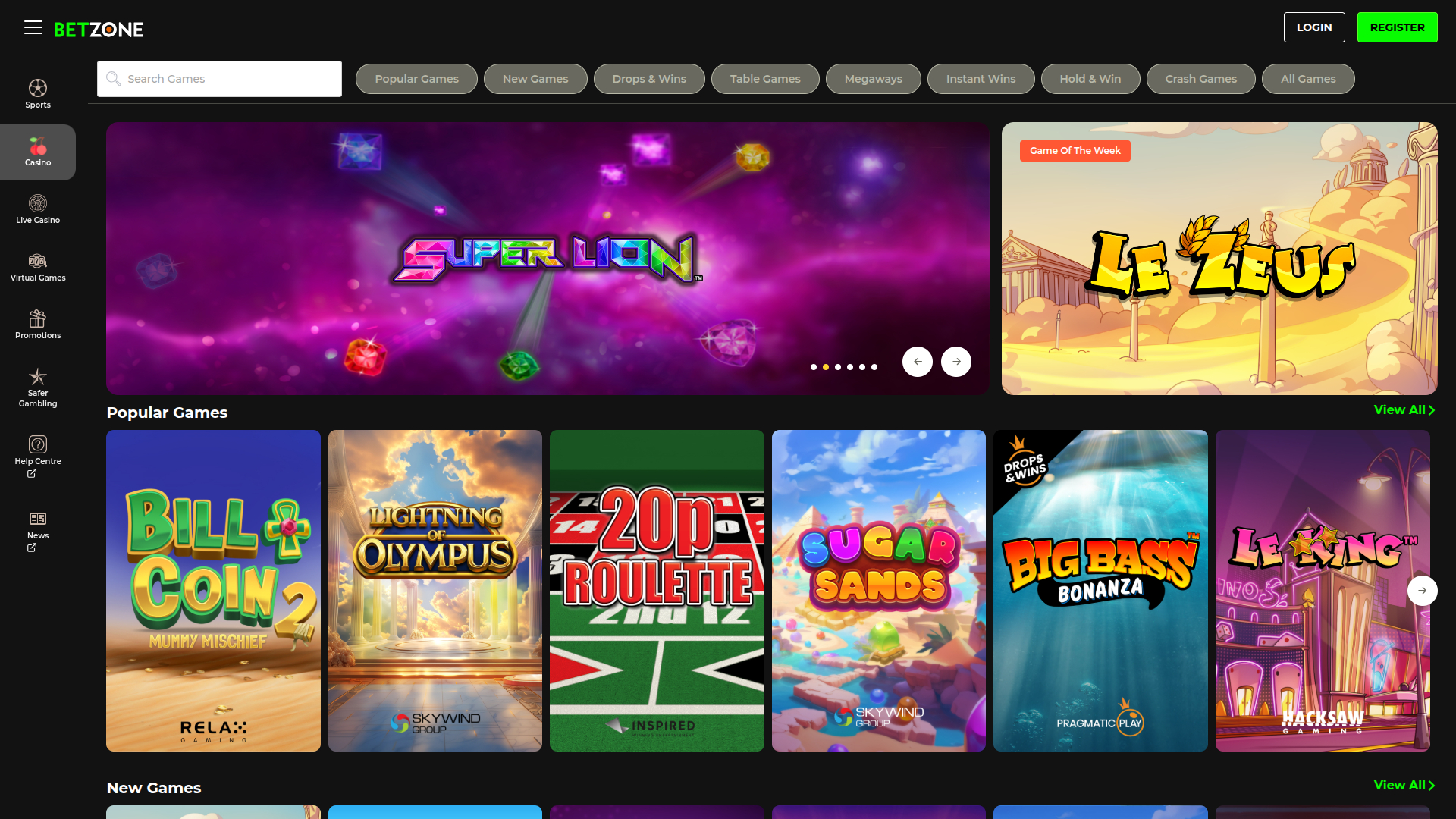 Homepage desktop di Betzone Casino