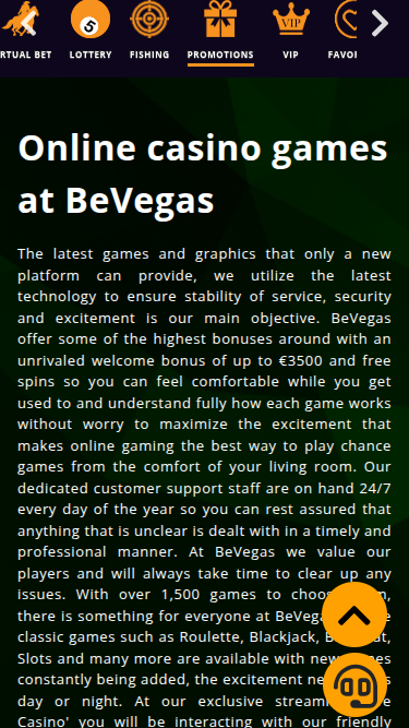 Promotions mobiles de BeVegas Casino