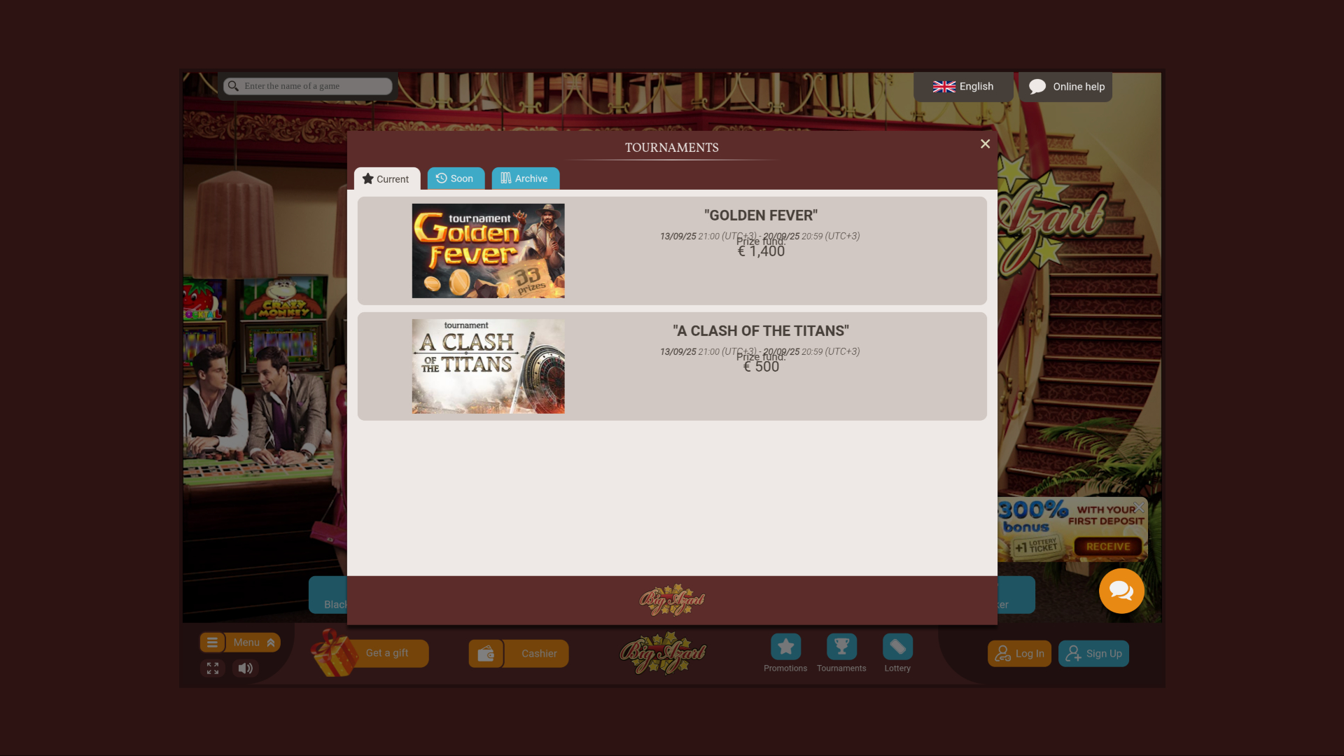 Tournois de bureau de Big Azart Casino