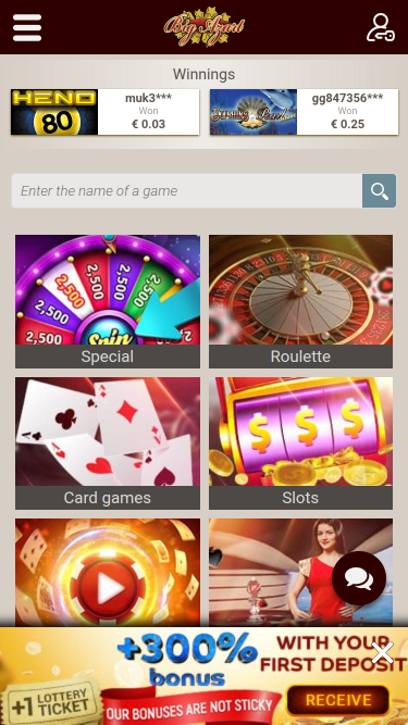 Page d’accueil mobile de Big Azart Casino
