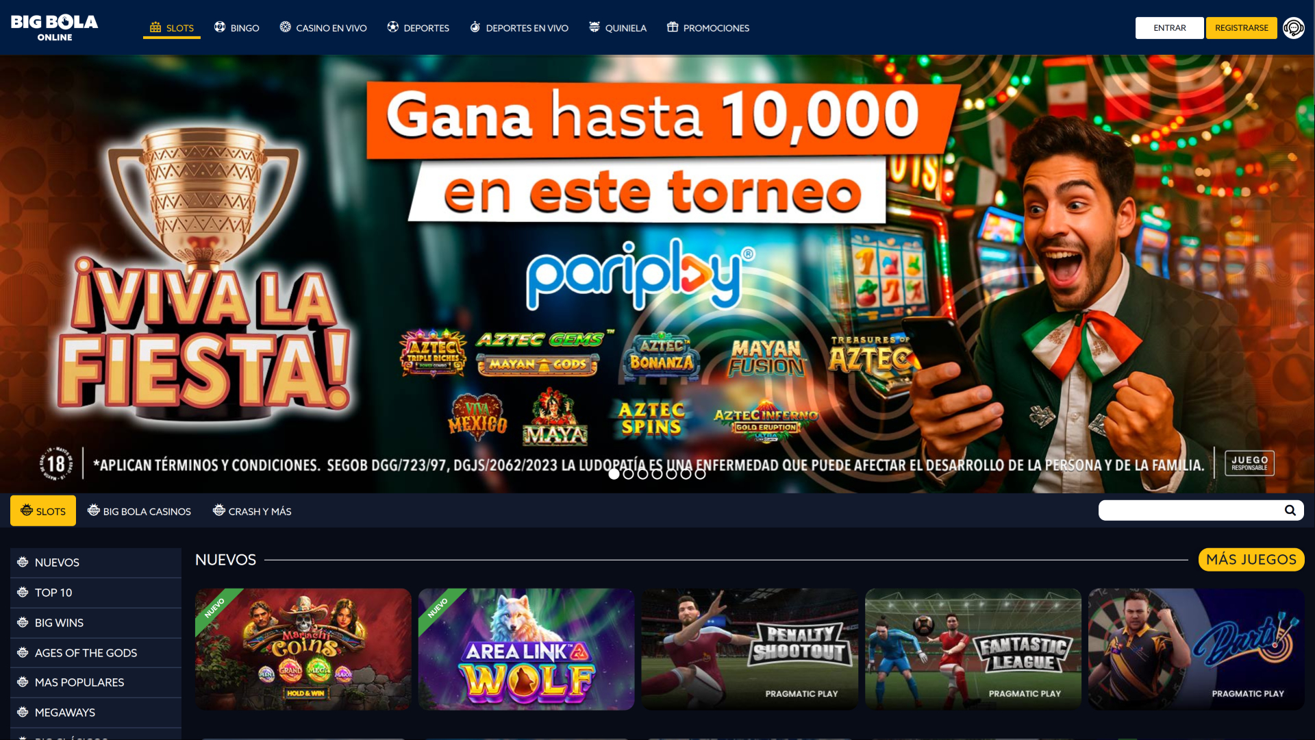 Página de inicio de escritorio de Big Bola Casino