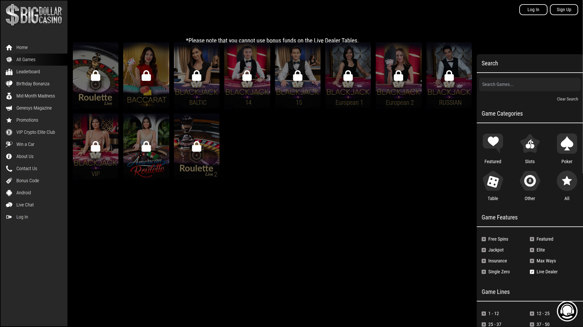 Croupier en direct de bureau de Big Dollar Casino