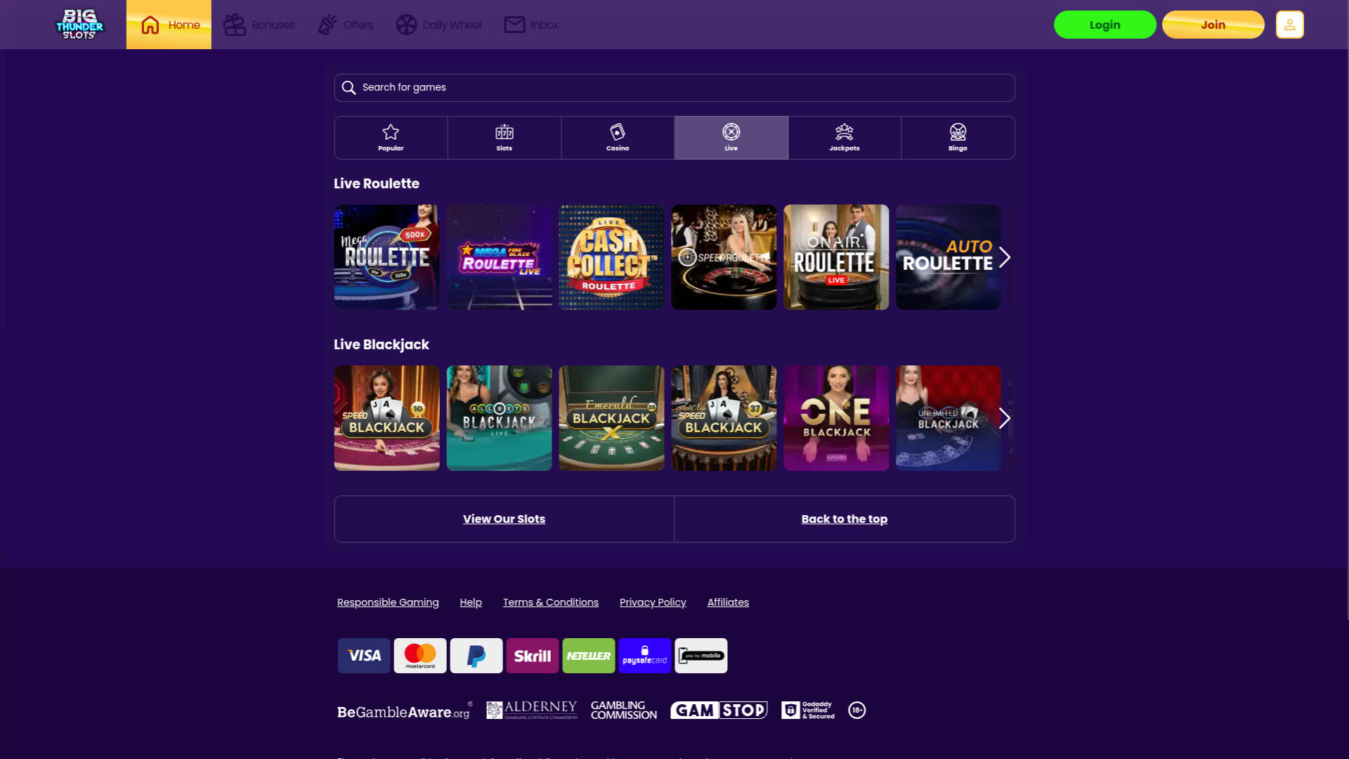 Croupier en direct sur bureau de Big Thunder Slots Casino