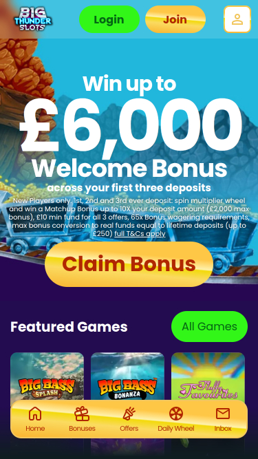 Page d’accueil mobile de Big Thunder Slots Casino