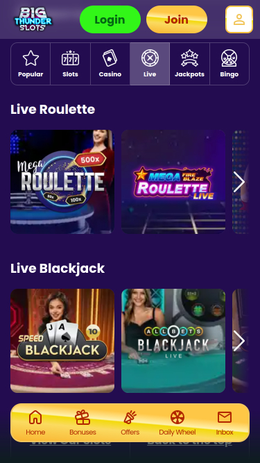 Croupier en direct mobile de Big Thunder Slots Casino