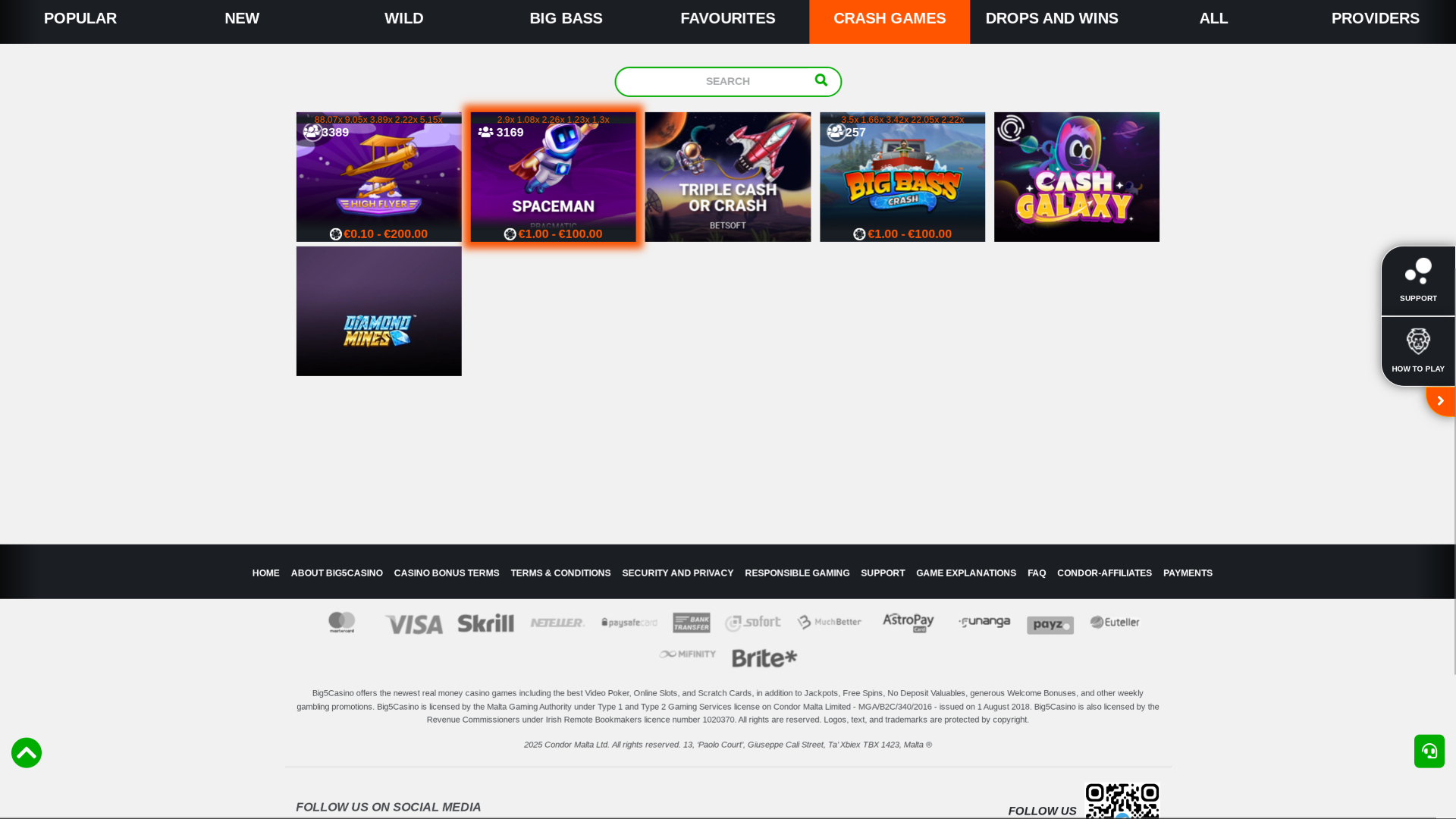 Jeux crash sur bureau de Big5Casino
