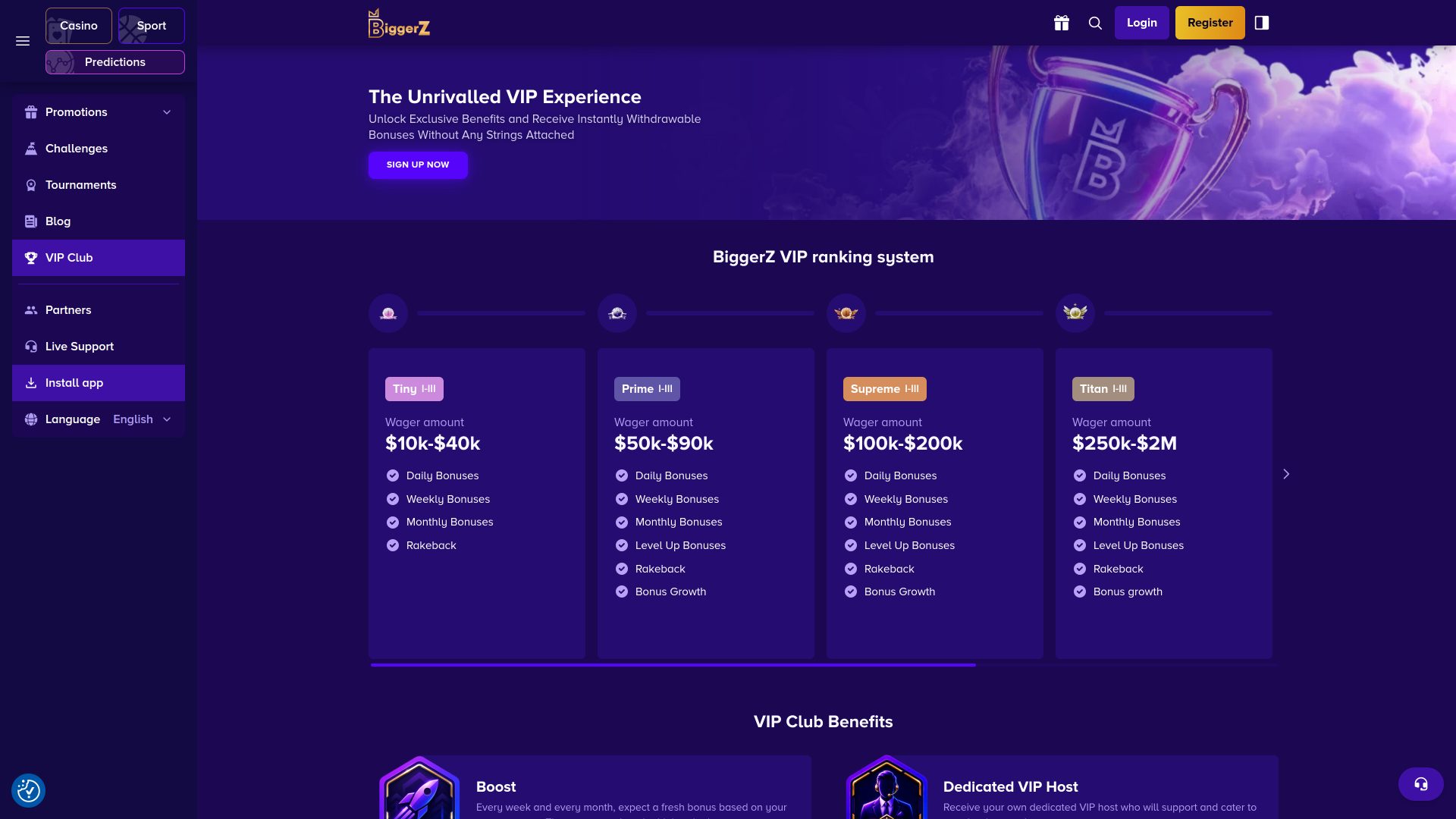 Captura de pantalla VIP de Biggerz Casino para ordenador