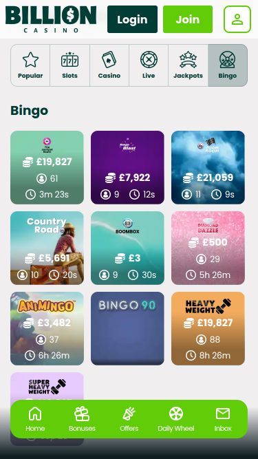 Bingo mobile de Billion Casino