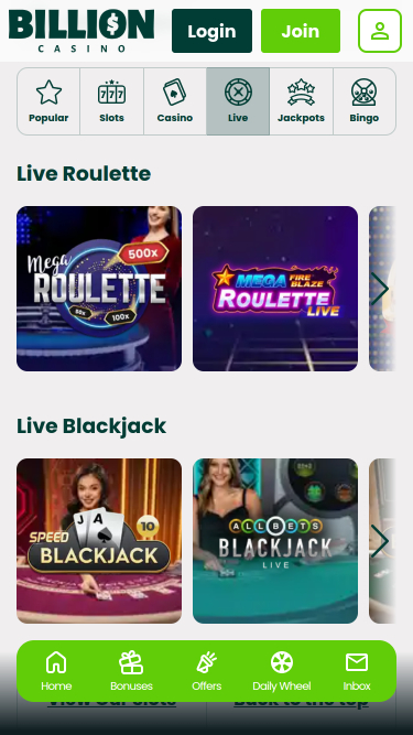 Croupier en direct mobile de Billion Casino