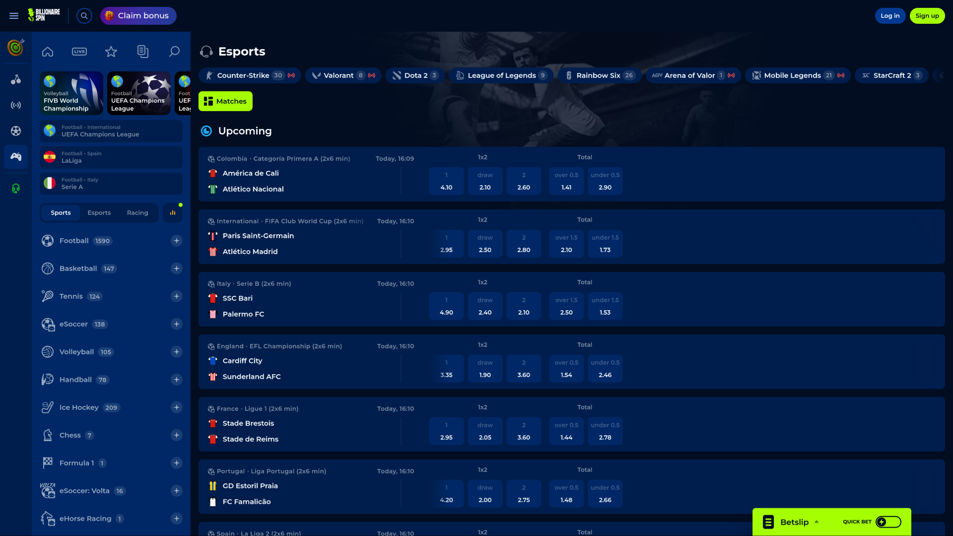 Esports sur bureau de BillionaireSpin Casino