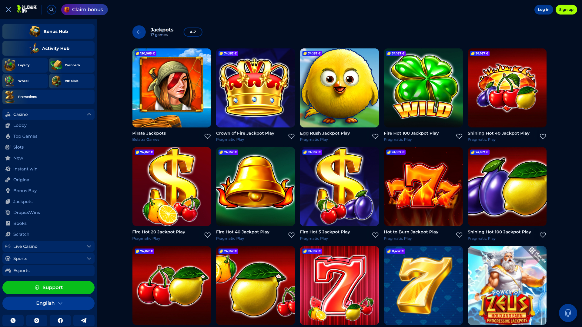 Jackpot de bureau de BillionaireSpin Casino