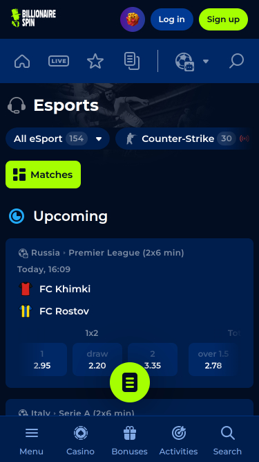 Esports mobiles de BillionaireSpin Casino