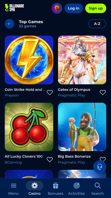 Jeux mobiles de BillionaireSpin Casino