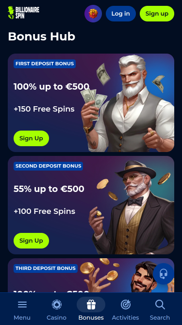 Promotions mobiles de BillionaireSpin Casino