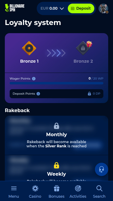 Programme VIP mobile BillionaireSpin Casino