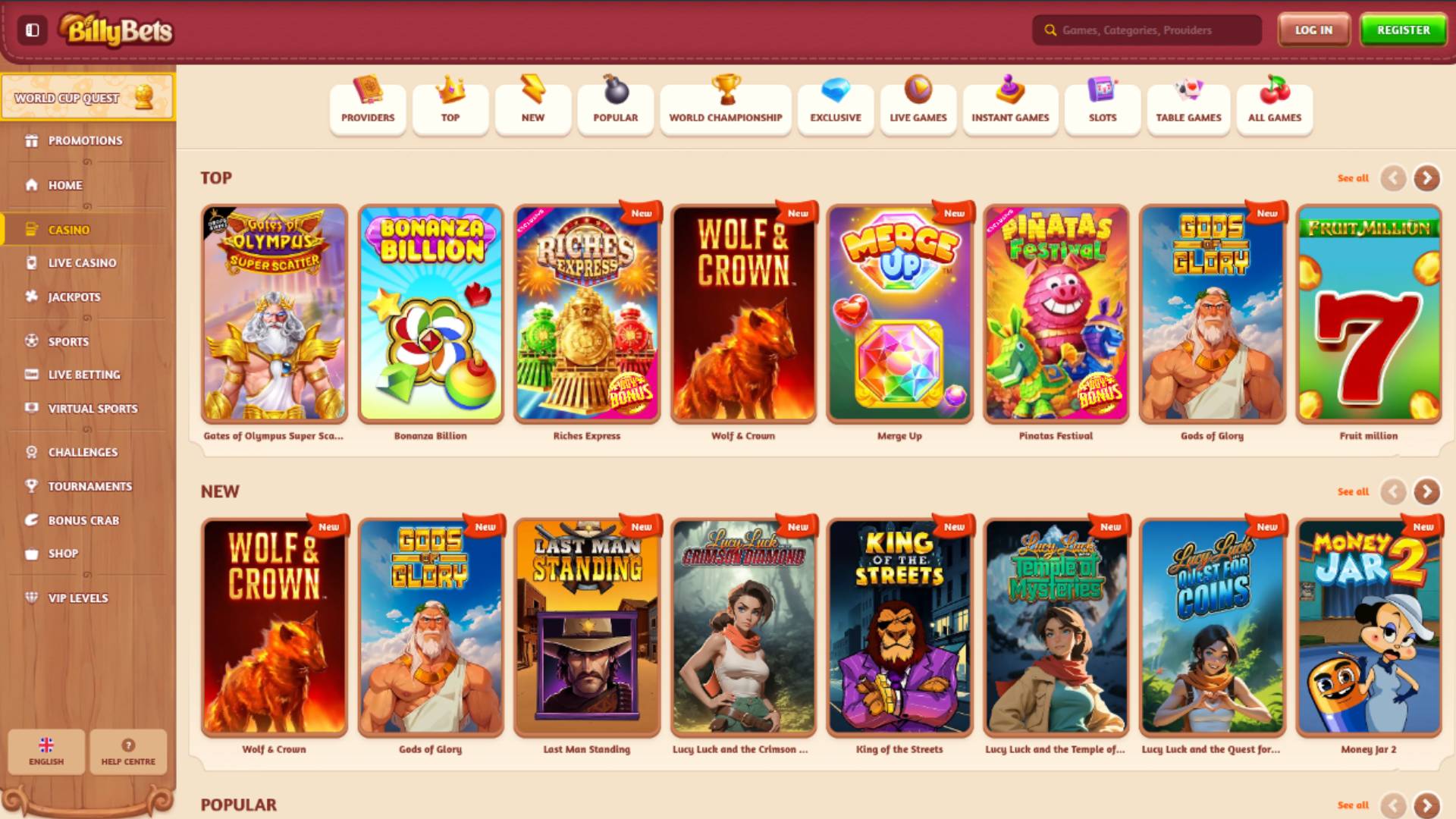 Capture d'écran de la page Jeux du casino BillyBets