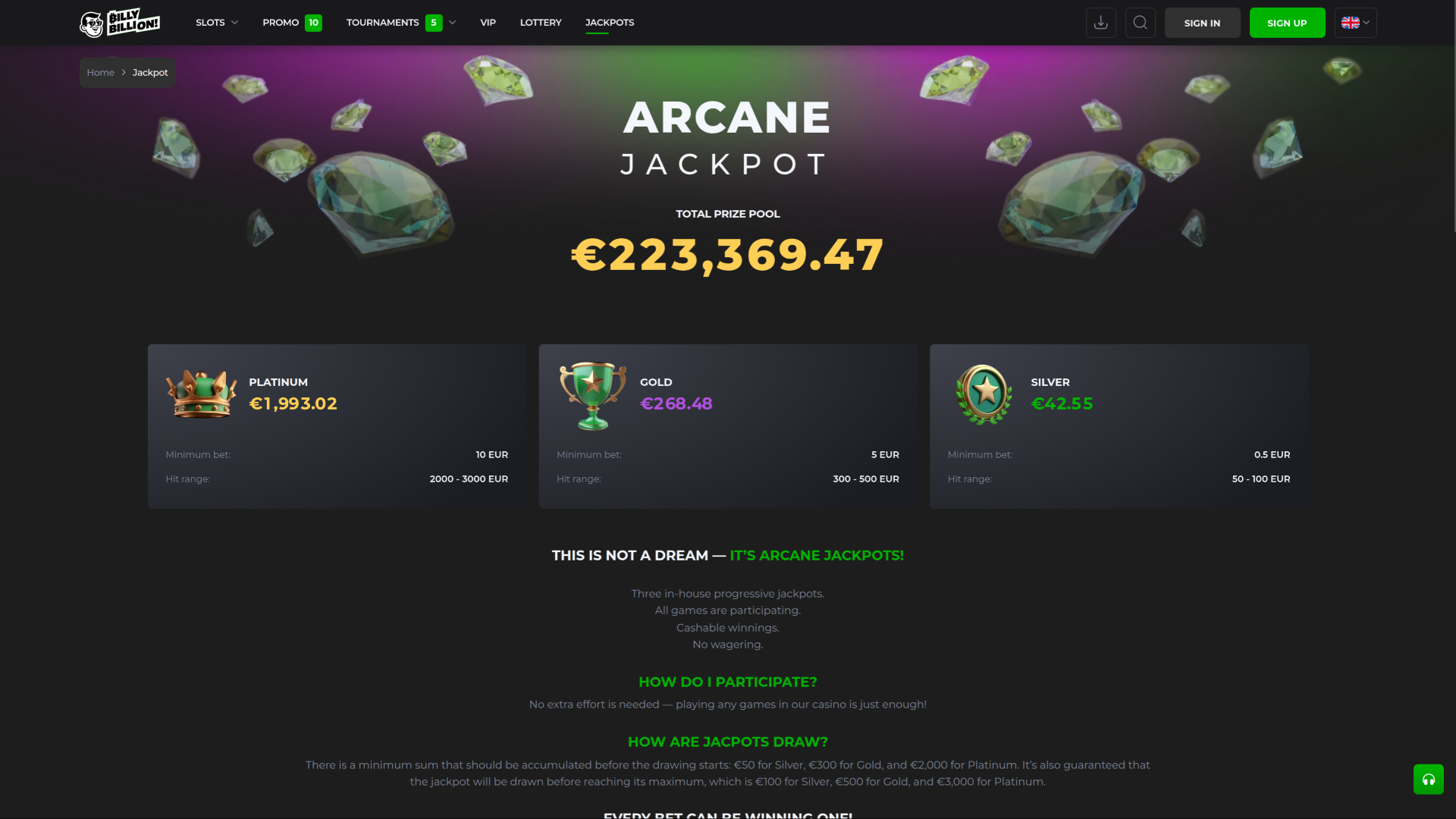 Jackpot de bureau de Billy Billion Casino