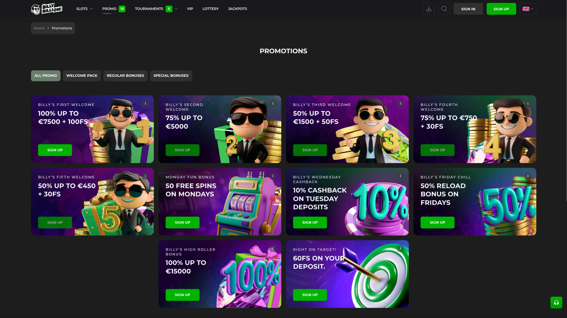 Promotions de bureau de Billy Billion Casino