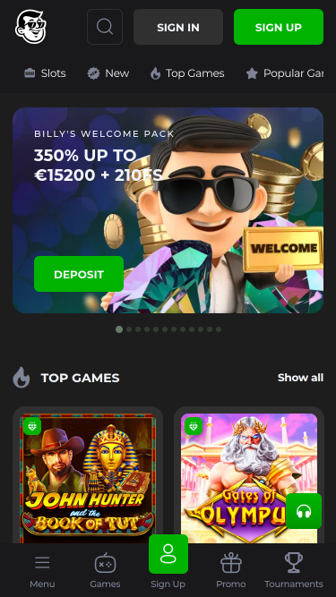 Page d'accueil mobile de Billy Billion Casino