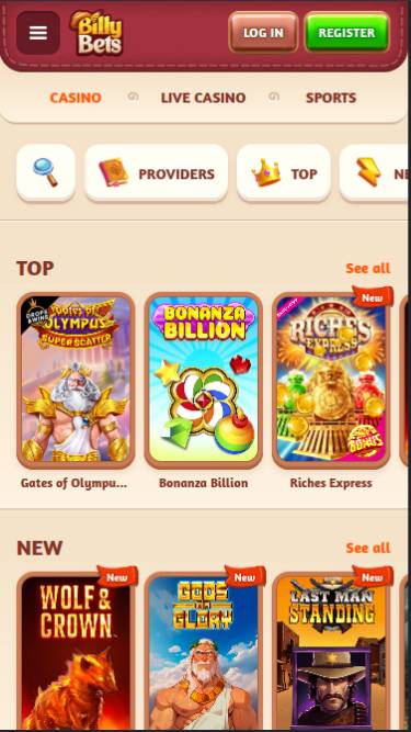 Capture d'écran de la page mobile du casino BillyBets
