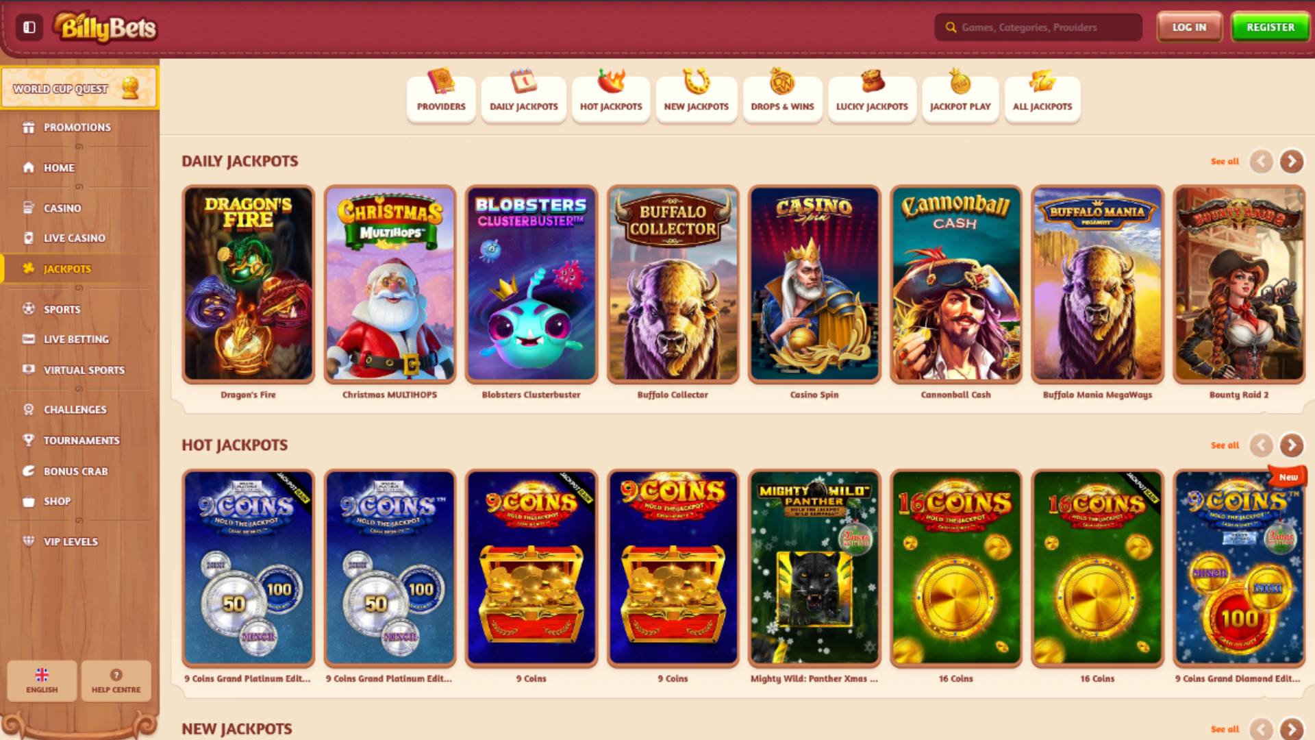 Capture d'écran de la page Jackpot du casino BillyBets