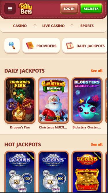 Capture d'écran de la page mobile Jackpot du casino BillyBets