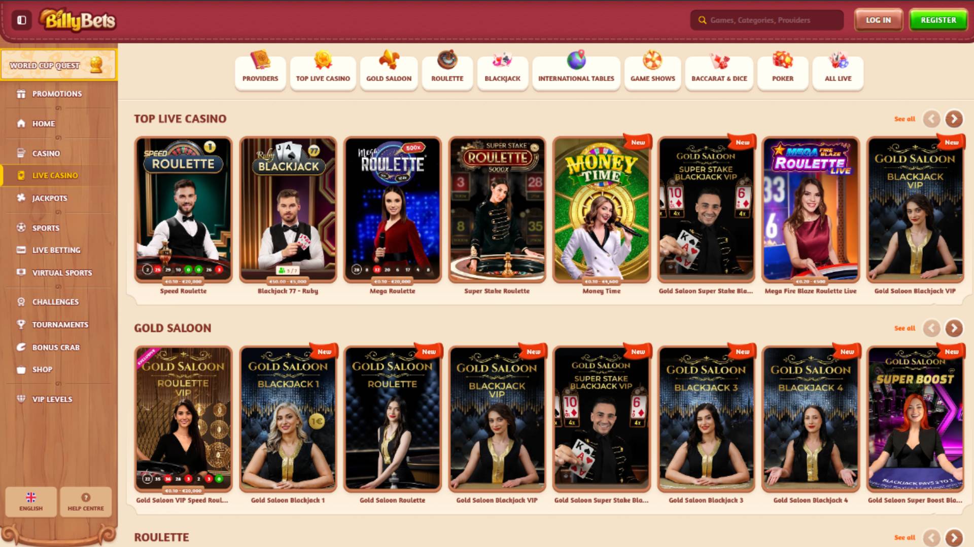Capture d'écran de la page en direct du casino BillyBets