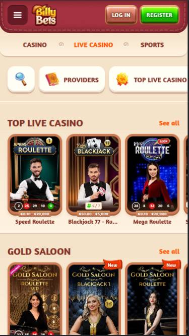 Capture d'écran de la page mobile en direct du casino BillyBets