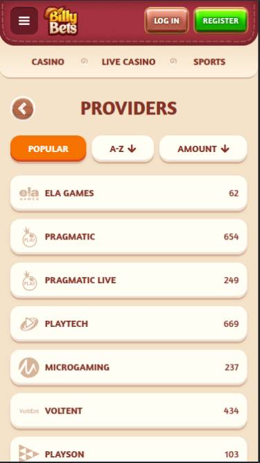 Capture d'écran de la page mobile du fournisseur BillyBets Casino