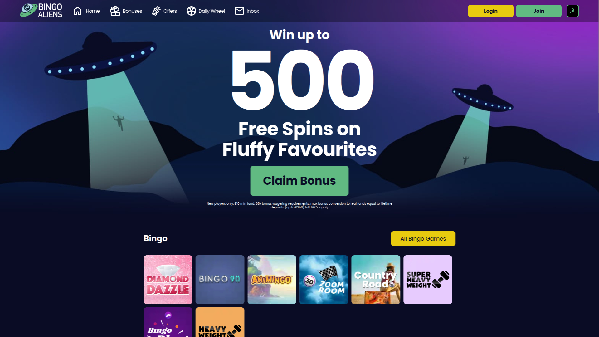 Page d'accueil de Bingo Aliens Casino sur ordinateur