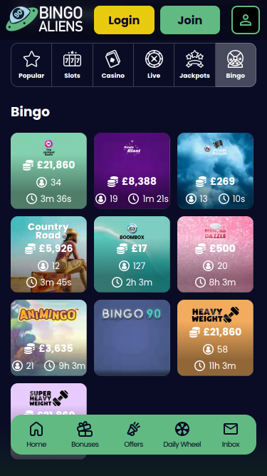 Bingo mobile de Bingo Aliens Casino
