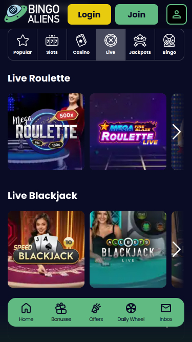 Croupier en direct mobile de Bingo Aliens Casino