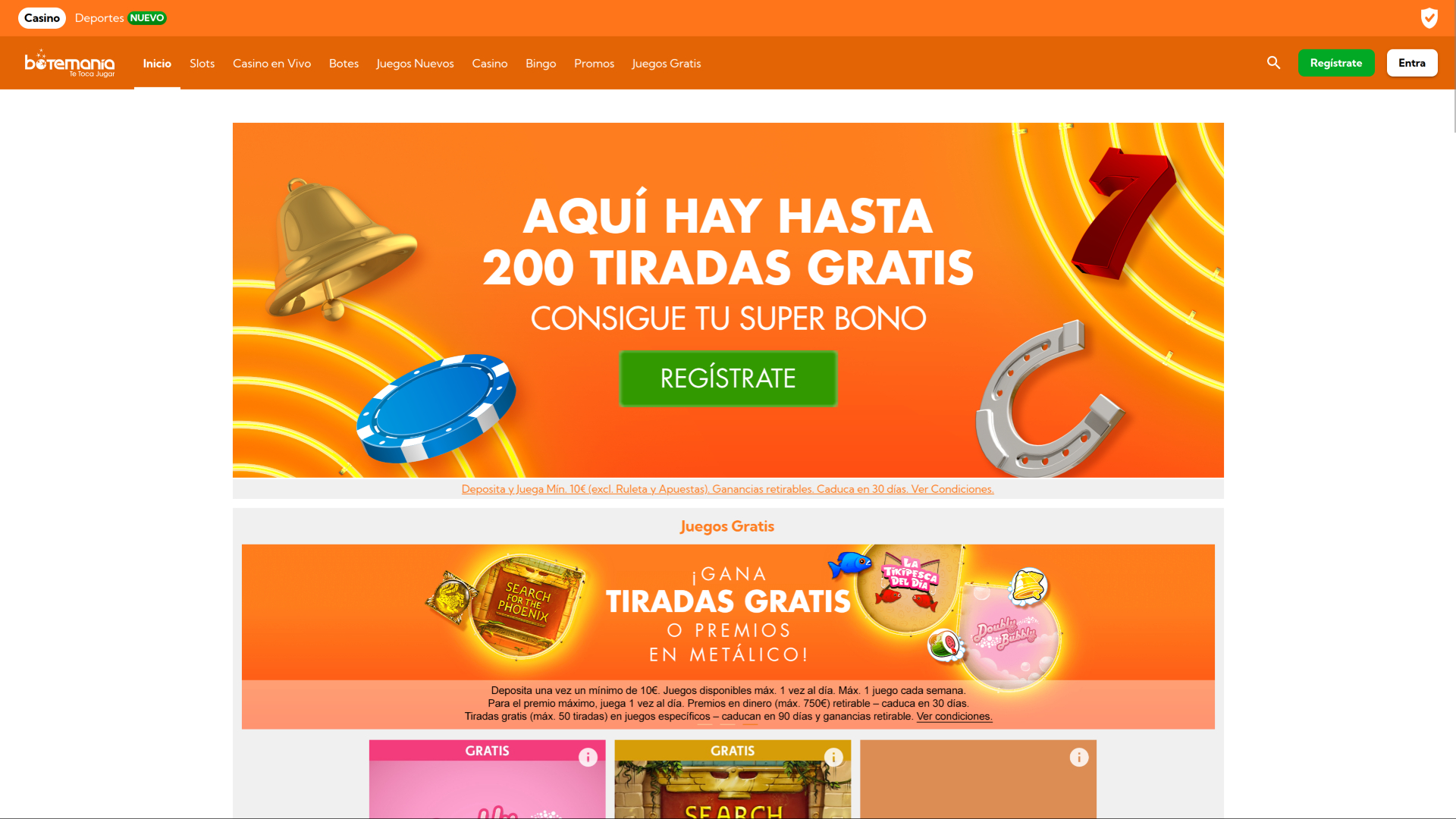 Page d'accueil de Bingo Botemania Casino sur ordinateur