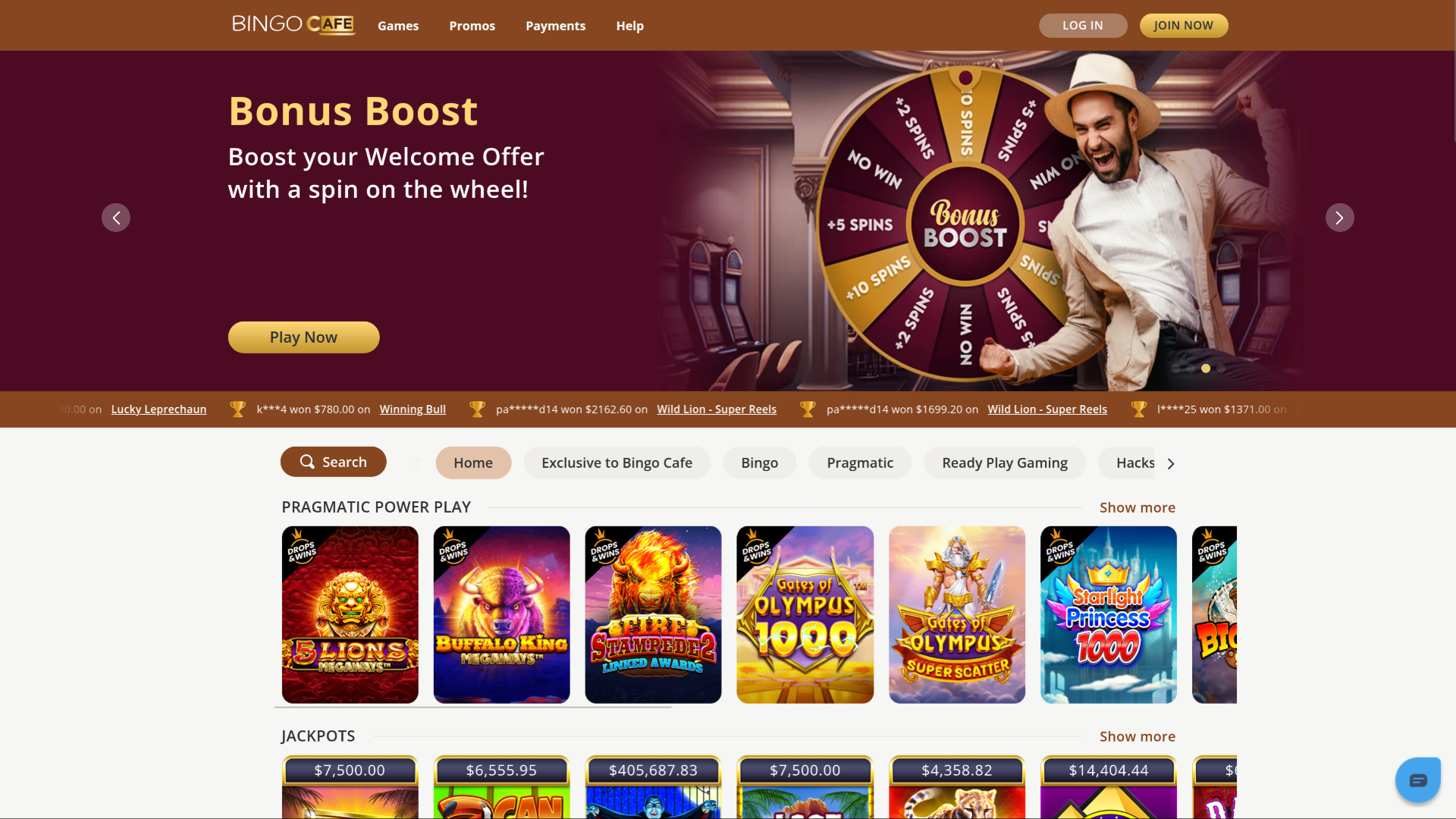 Homepage desktop di Bingo Cafe Casino