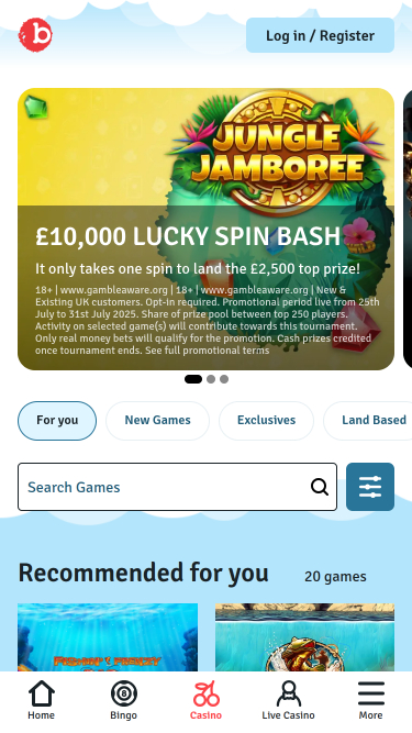 Page d'accueil mobile de Bingo.com Casino