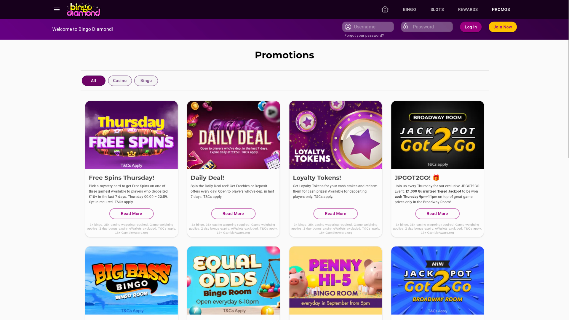 Promozioni desktop di Bingo Diamond Casino