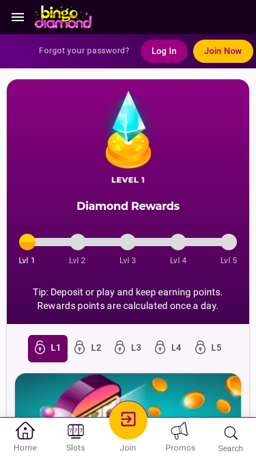 Ricompense mobile di Bingo Diamond Casino