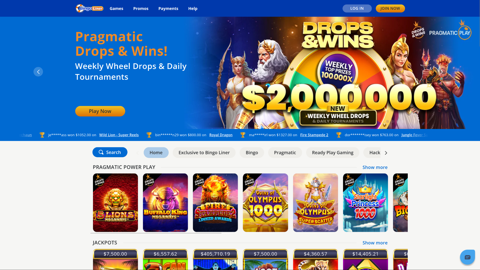 Homepage desktop di Bingo Liner Casino