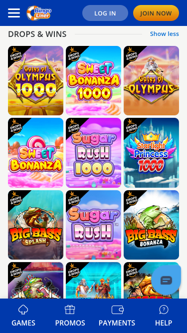 Drops and Wins mobile di Bingo Liner Casino