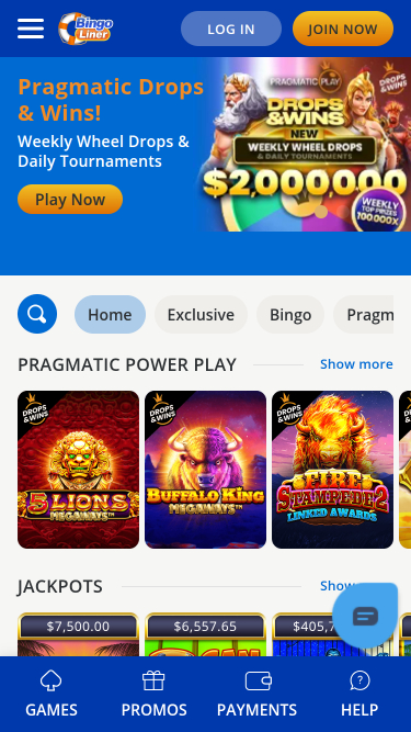 Homepage mobile di Bingo Liner Casino