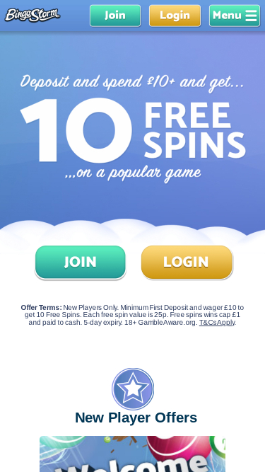Homepage mobile di Bingo Storm Casino