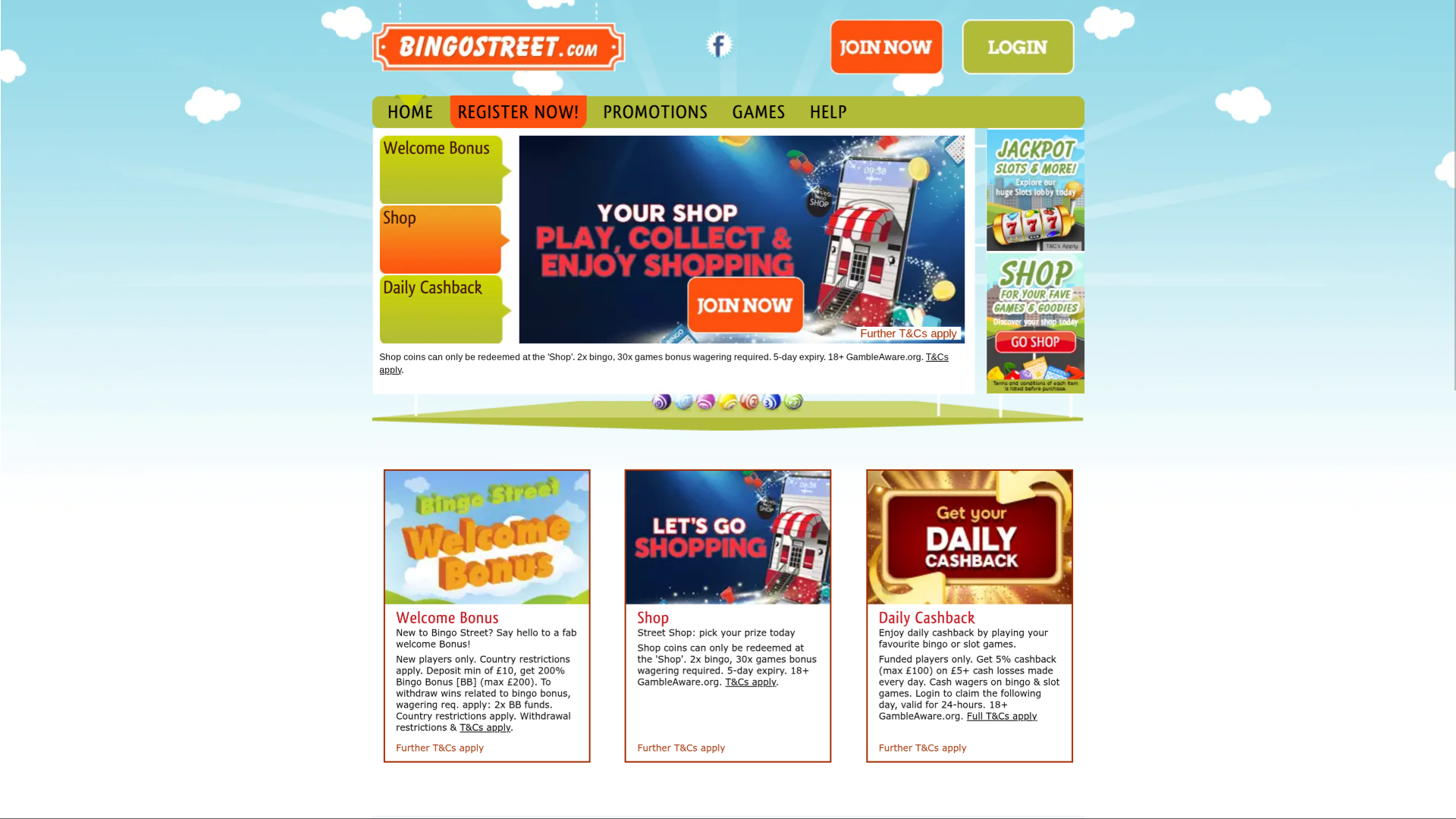 Page d'accueil de la version de bureau de Bingo Street Casino