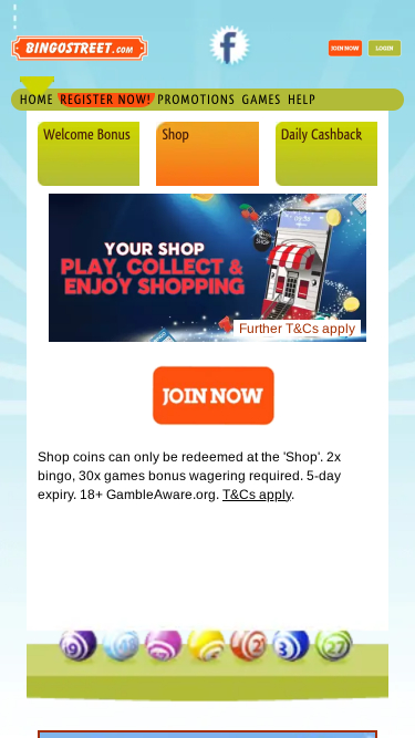 Page d'accueil mobile de Bingo Street Casino