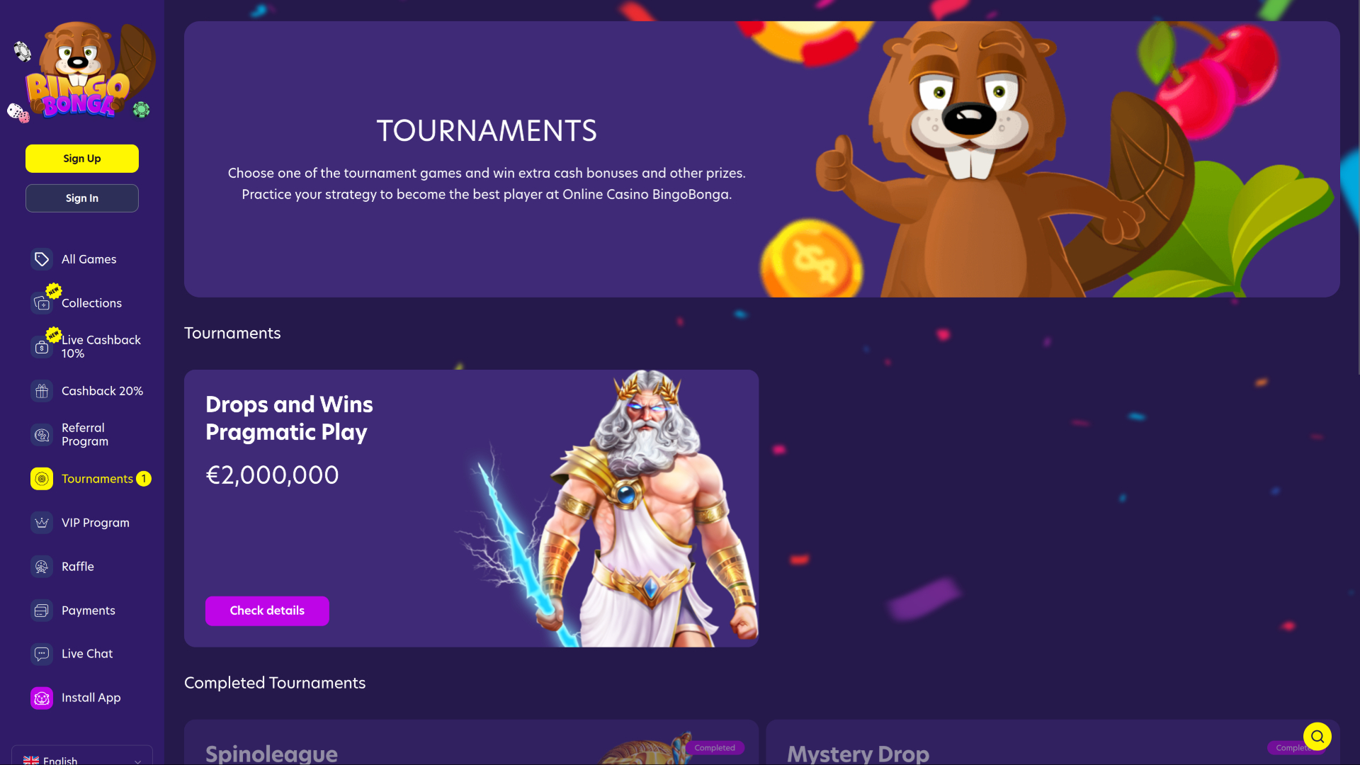 Tournois de la version de bureau de BingoBonga Casino