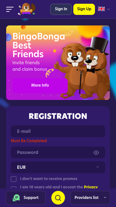 Page d'accueil mobile de BingoBonga Casino