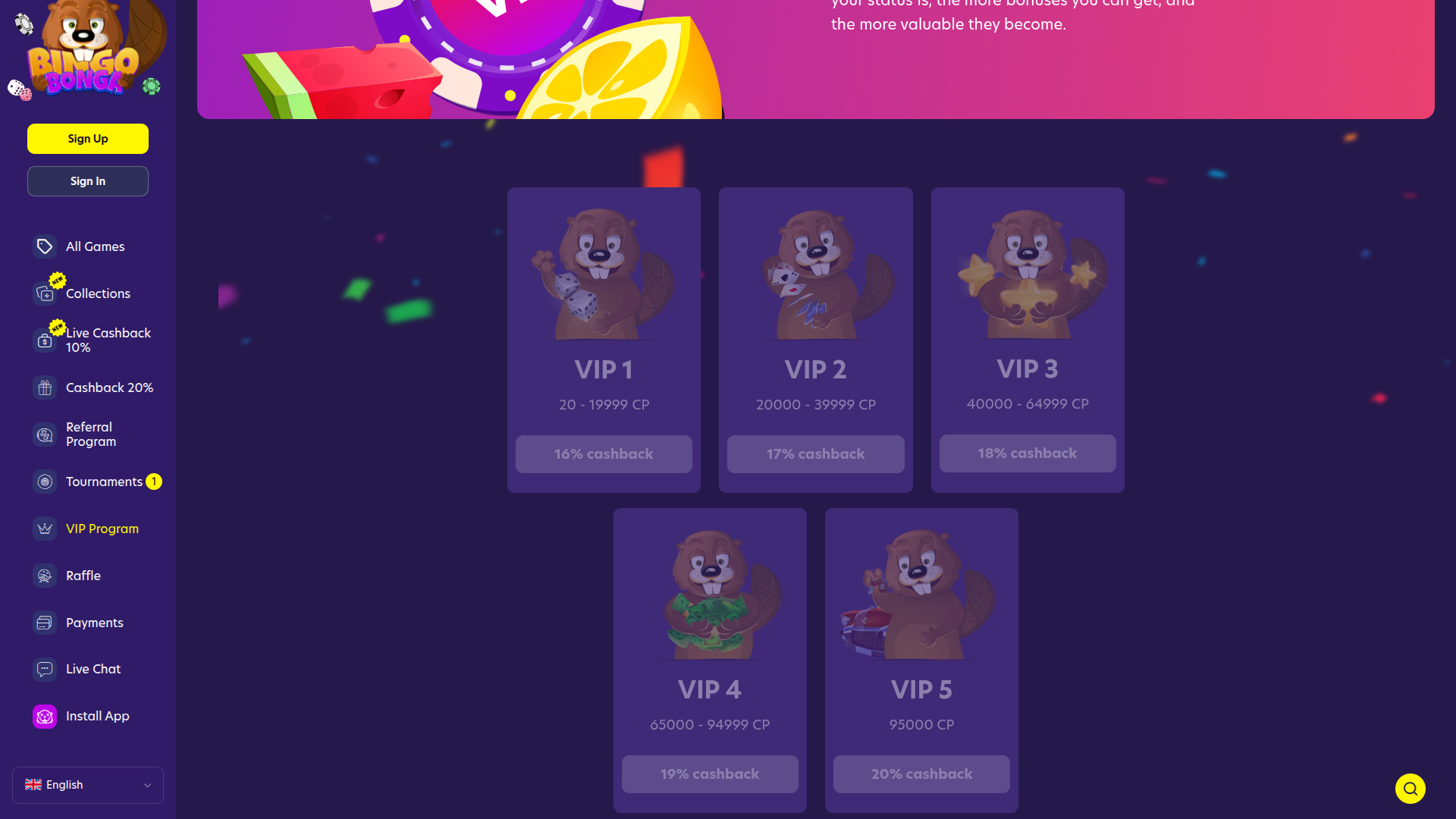 Programme VIP de bureau BingoBonga Casino