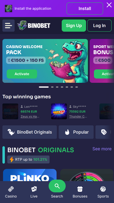 Page d'accueil mobile de Bino.bet Casino