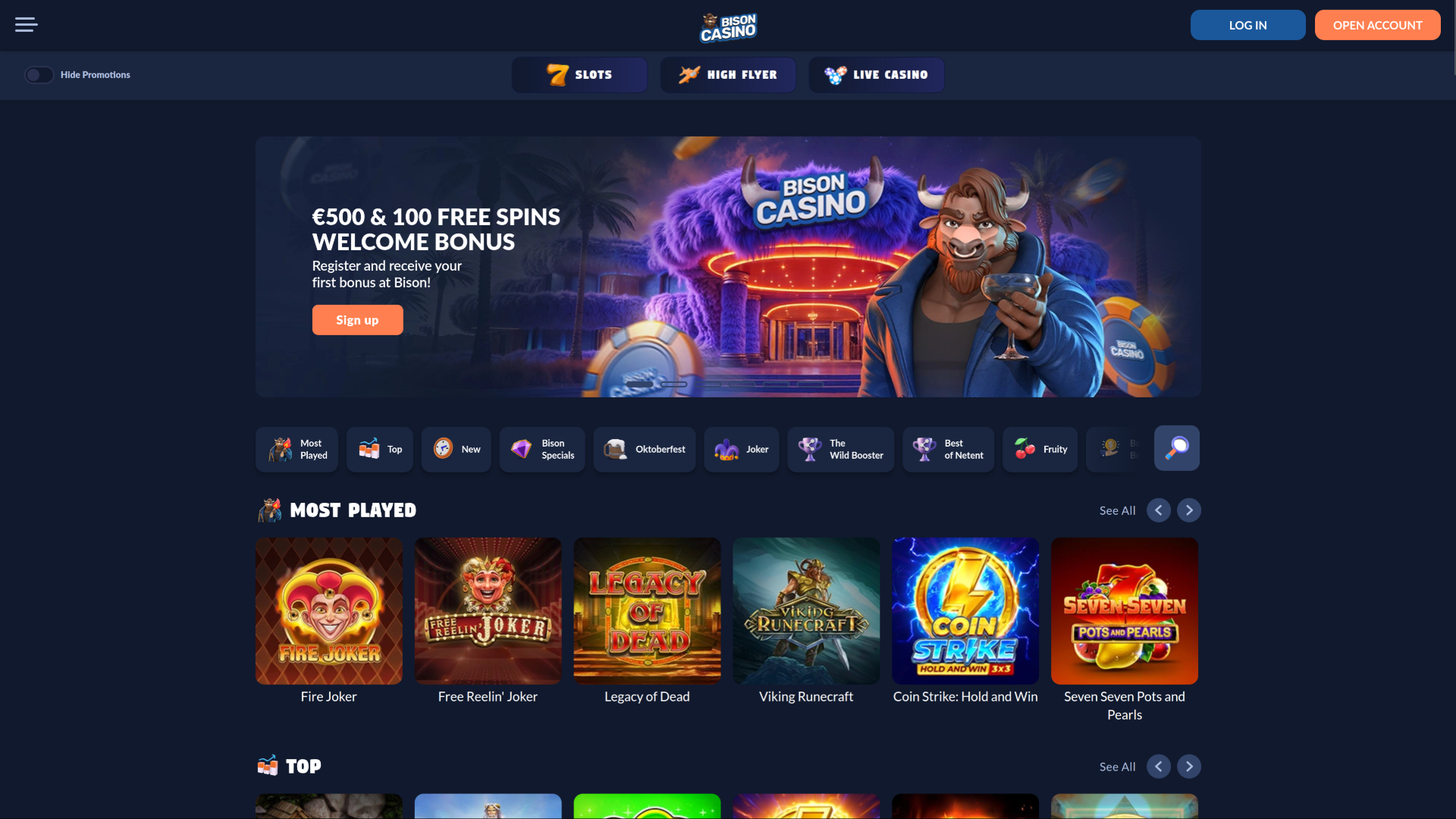 Page d'accueil de la version bureau de Bison Casino