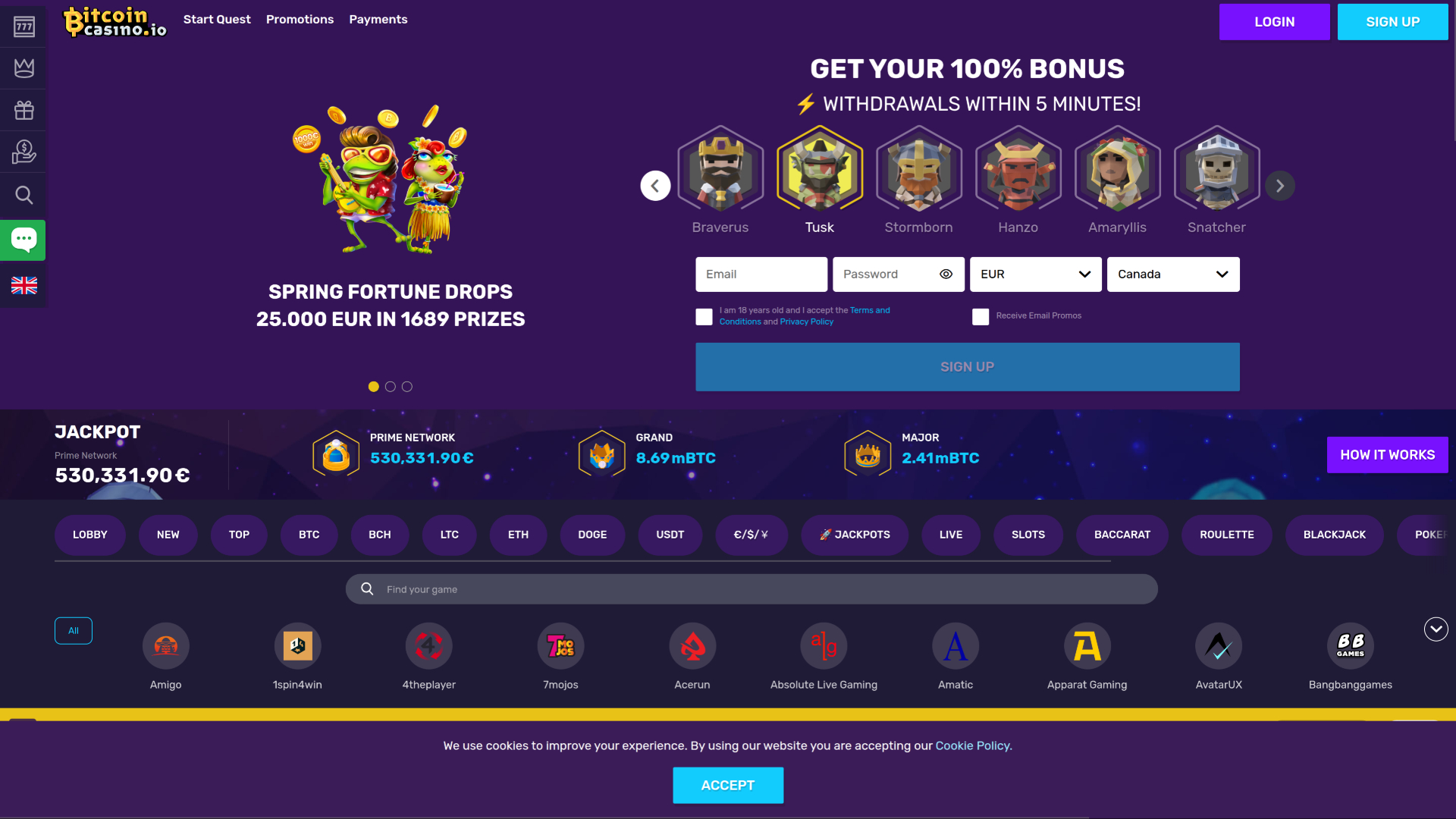 Page d'accueil de bureau de Bitcoin Casino